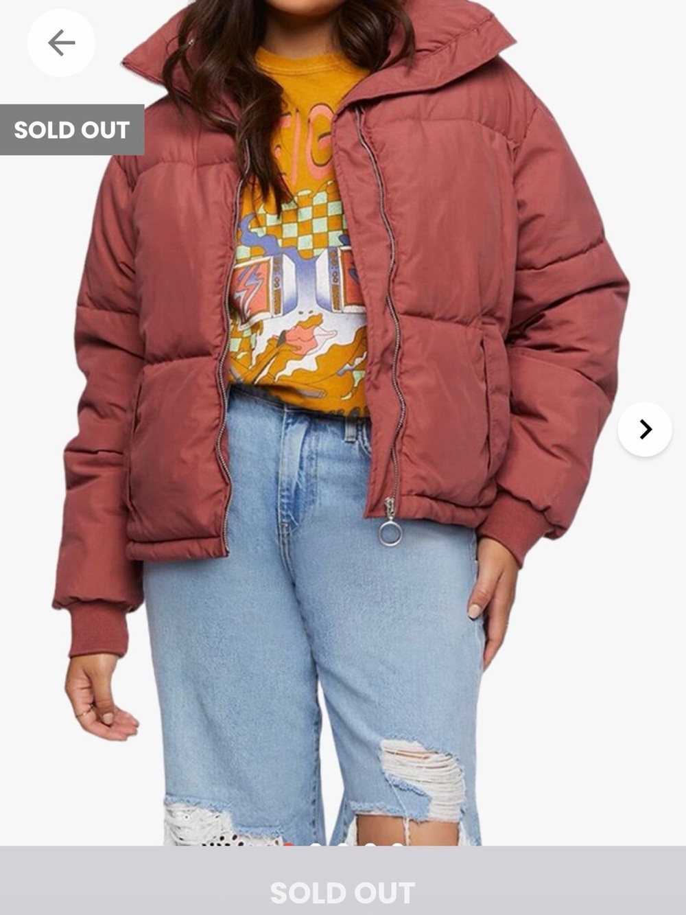 Forever 21 Dusty Rose Puffer Jacket Size Large Y2K O-Ring Zip